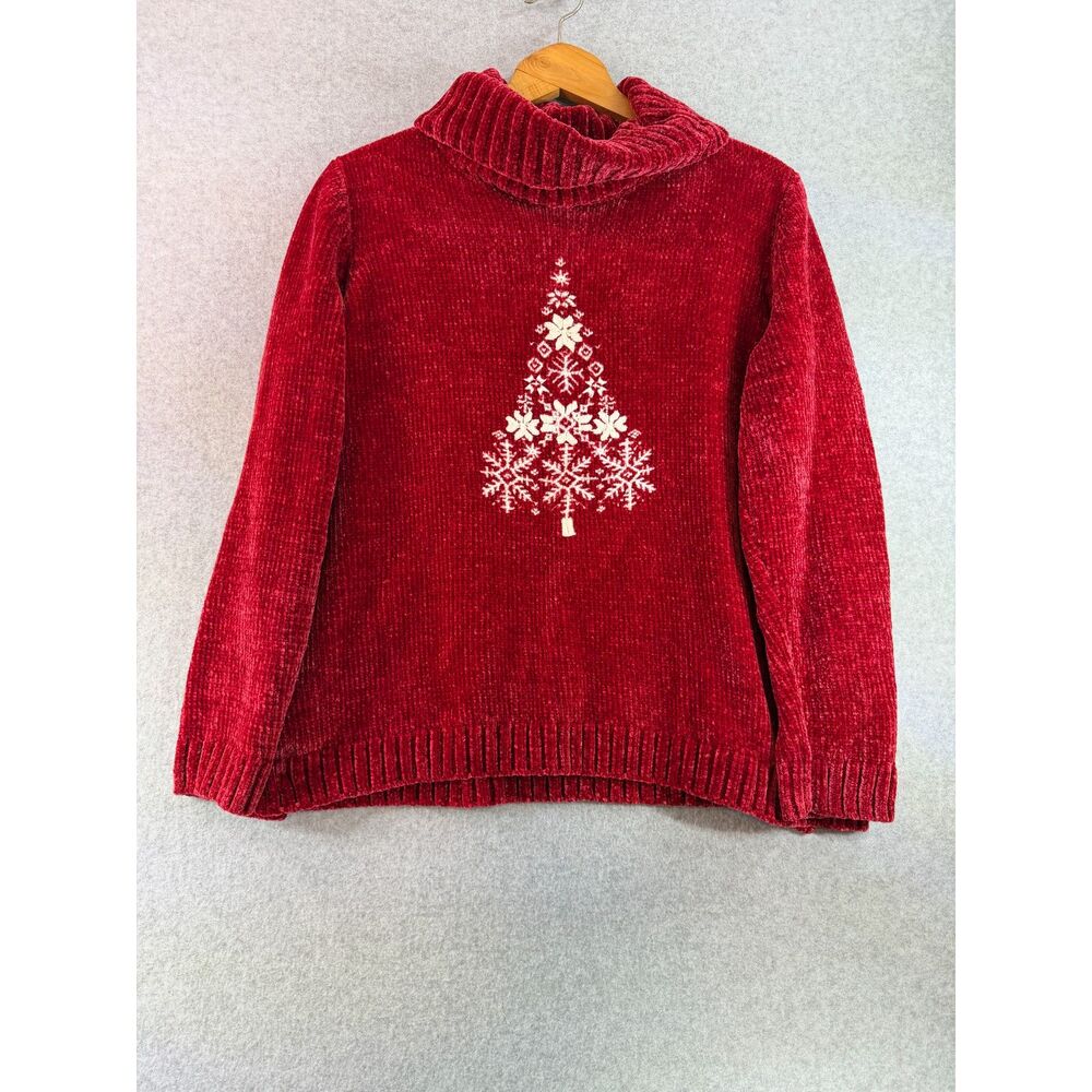Coldwater Creek Women’s Large Red Chenille Cowl Neck Christmas Sweater Bin D